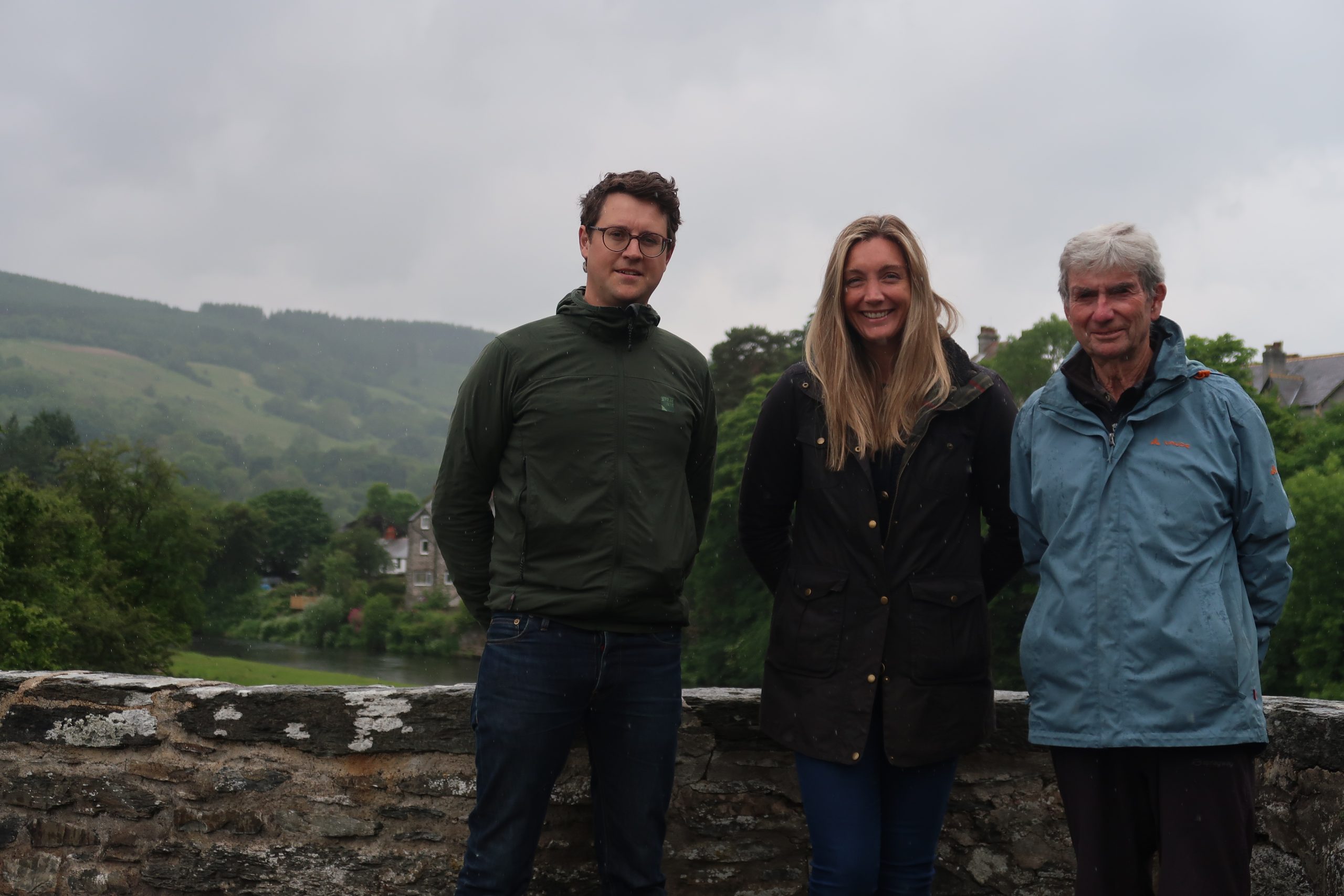 Gareth Ludkin (Campaign for National Parks), Caroline Conway (CPRW), John Roberts (Friends of the Clwydian Range and Dee Valley) in Carrog in the current National Landscape on the River Dee.